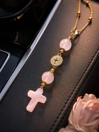 Pink Crystal Cross Rearview Mirror Hanging Ornament, Handmade Bohemian Suncatcher With Gold Chain And Natural Stone Beads, Elegant Spiritual Protection Charm, Suitable For Various Car Interior Decor