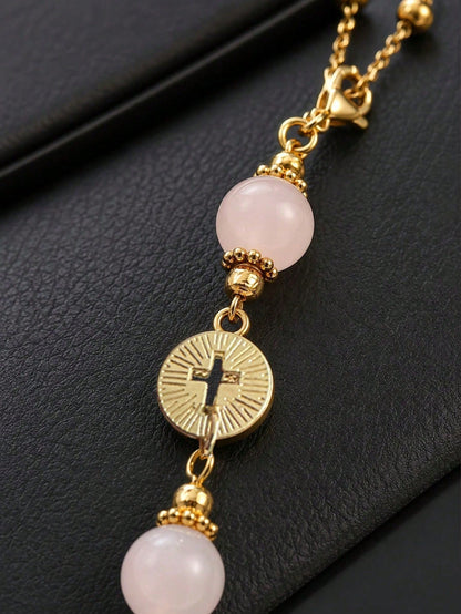 Pink Crystal Cross Rearview Mirror Hanging Ornament, Handmade Bohemian Suncatcher With Gold Chain And Natural Stone Beads, Elegant Spiritual Protection Charm, Suitable For Various Car Interior Decor