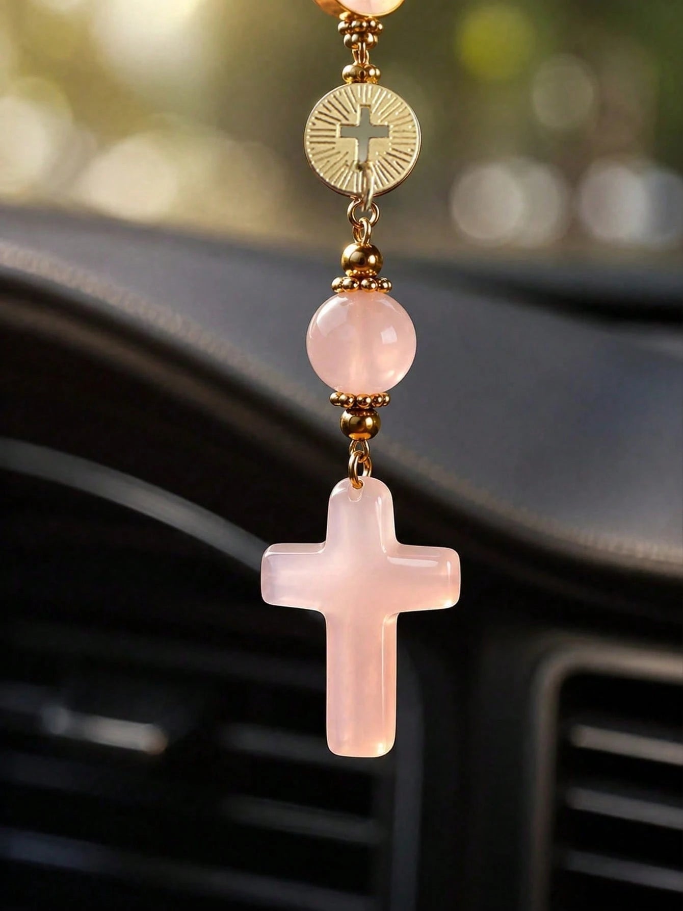 Pink Crystal Cross Rearview Mirror Hanging Ornament, Handmade Bohemian Suncatcher With Gold Chain And Natural Stone Beads, Elegant Spiritual Protection Charm, Suitable For Various Car Interior Decor