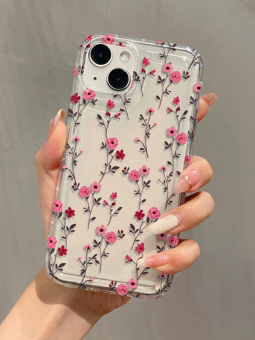 Pink Floral TPU Shockproof 1pc Airbag Full Screen Floral Branch Pattern Case Compatible With IPhone 16, 15, 14, 13, 12, 11 Pro Max And Series Waterproof Anti-Fall Scratch Resistant International Versi