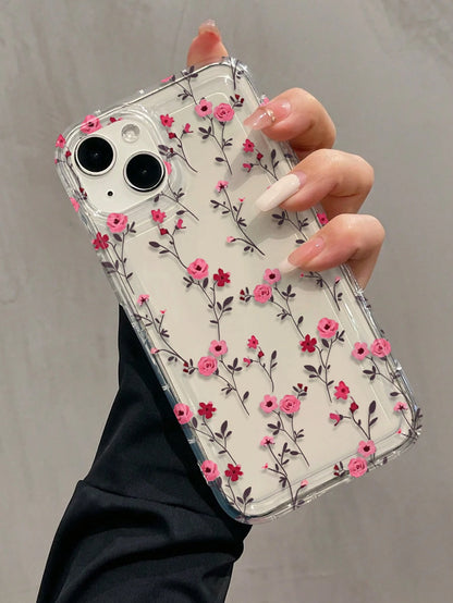 Pink Floral TPU Shockproof 1pc Airbag Full Screen Floral Branch Pattern Case Compatible With IPhone 16, 15, 14, 13, 12, 11 Pro Max And Series Waterproof Anti-Fall Scratch Resistant International Versi