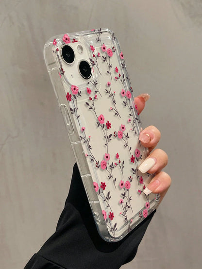 Pink Floral TPU Shockproof 1pc Airbag Full Screen Floral Branch Pattern Case Compatible With IPhone 16, 15, 14, 13, 12, 11 Pro Max And Series Waterproof Anti-Fall Scratch Resistant International Versi
