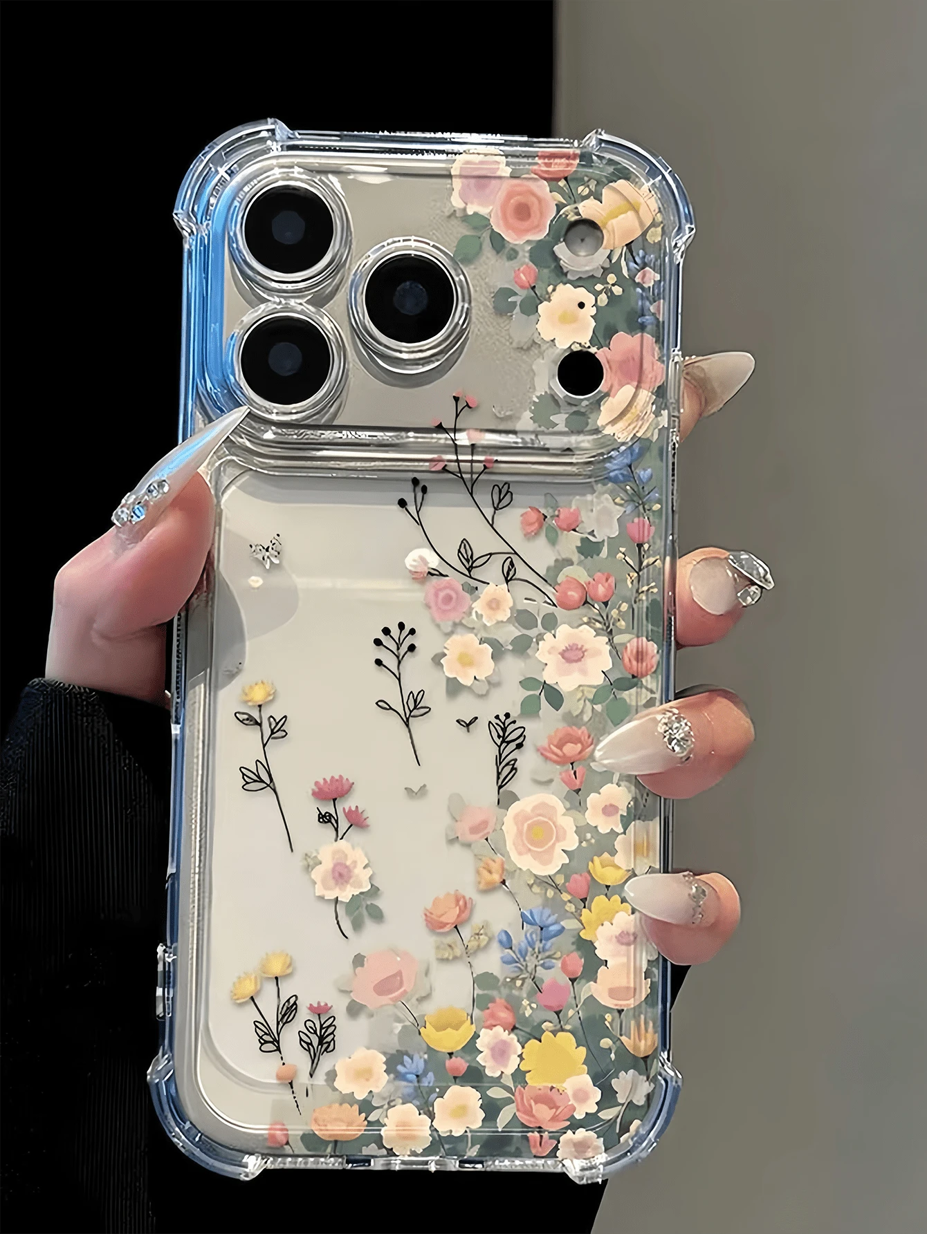 Pink Floral TPU Shockproof 1pc Airbag Full Screen Floral Branch Pattern Case Compatible With IPhone 16, 15, 14, 13, 12, 11 Pro Max And Series Waterproof Anti-Fall Scratch Resistant International Versi