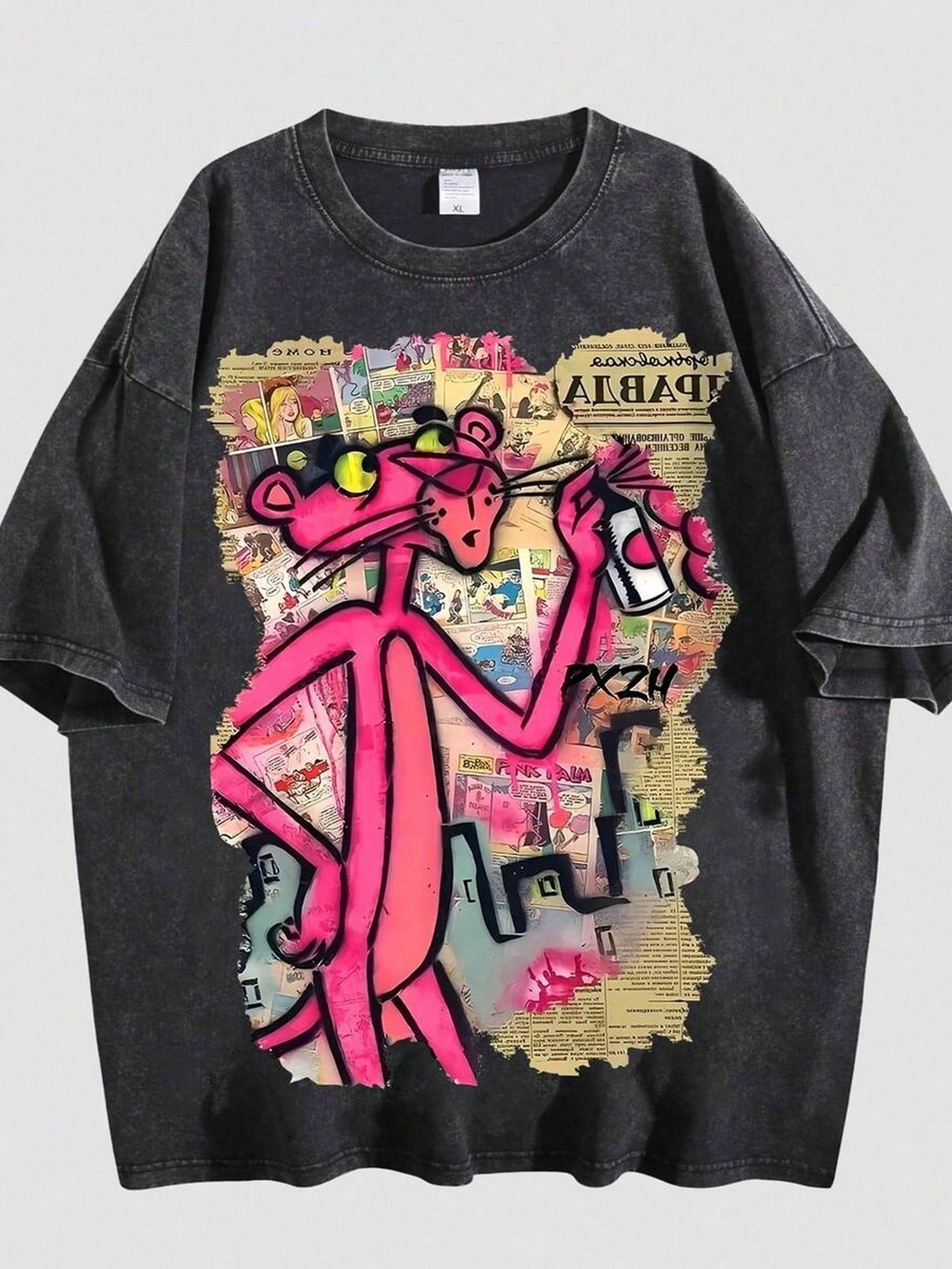 Pink Panther Poster Graffiti Print T-Shirt, Men Clothes, Couple's Fashionable Casual T-Shirt, Y2k Clothes, Funny T-Shirts, Streetwear, 230G Washed High-Quality Cotton Printed T-Shirt, Suitable For Dai