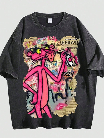 Pink Panther Poster Graffiti Print T-Shirt, Men Clothes, Couple's Fashionable Casual T-Shirt, Y2k Clothes, Funny T-Shirts, Streetwear, 230G Washed High-Quality Cotton Printed T-Shirt, Suitable For Dai