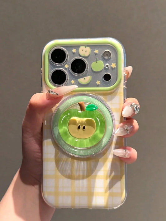 Plaid Green Apple Magnetic Phone Stand Compatible With IPhone 17 Pro Max Phone Case No Interference Apple 16 Pro New 15 Full Coverage 16 PM Shockproof 17 Women's 17 Pro Niche Design Very Beautiful
