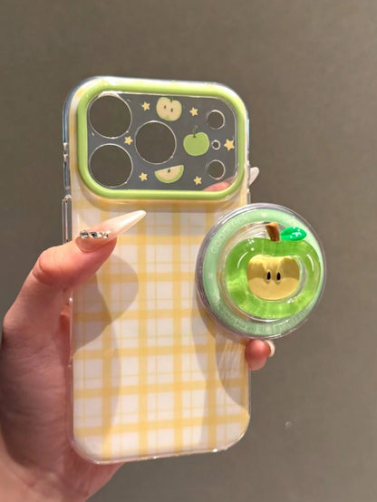 Plaid Green Apple Magnetic Phone Stand Compatible With IPhone 17 Pro Max Phone Case No Interference Apple 16 Pro New 15 Full Coverage 16 PM Shockproof 17 Women's 17 Pro Niche Design Very Beautiful