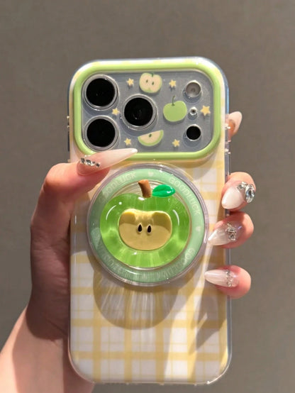 Plaid Green Apple Magnetic Phone Stand Compatible With IPhone 17 Pro Max Phone Case No Interference Apple 16 Pro New 15 Full Coverage 16 PM Shockproof 17 Women's 17 Pro Niche Design Very Beautiful