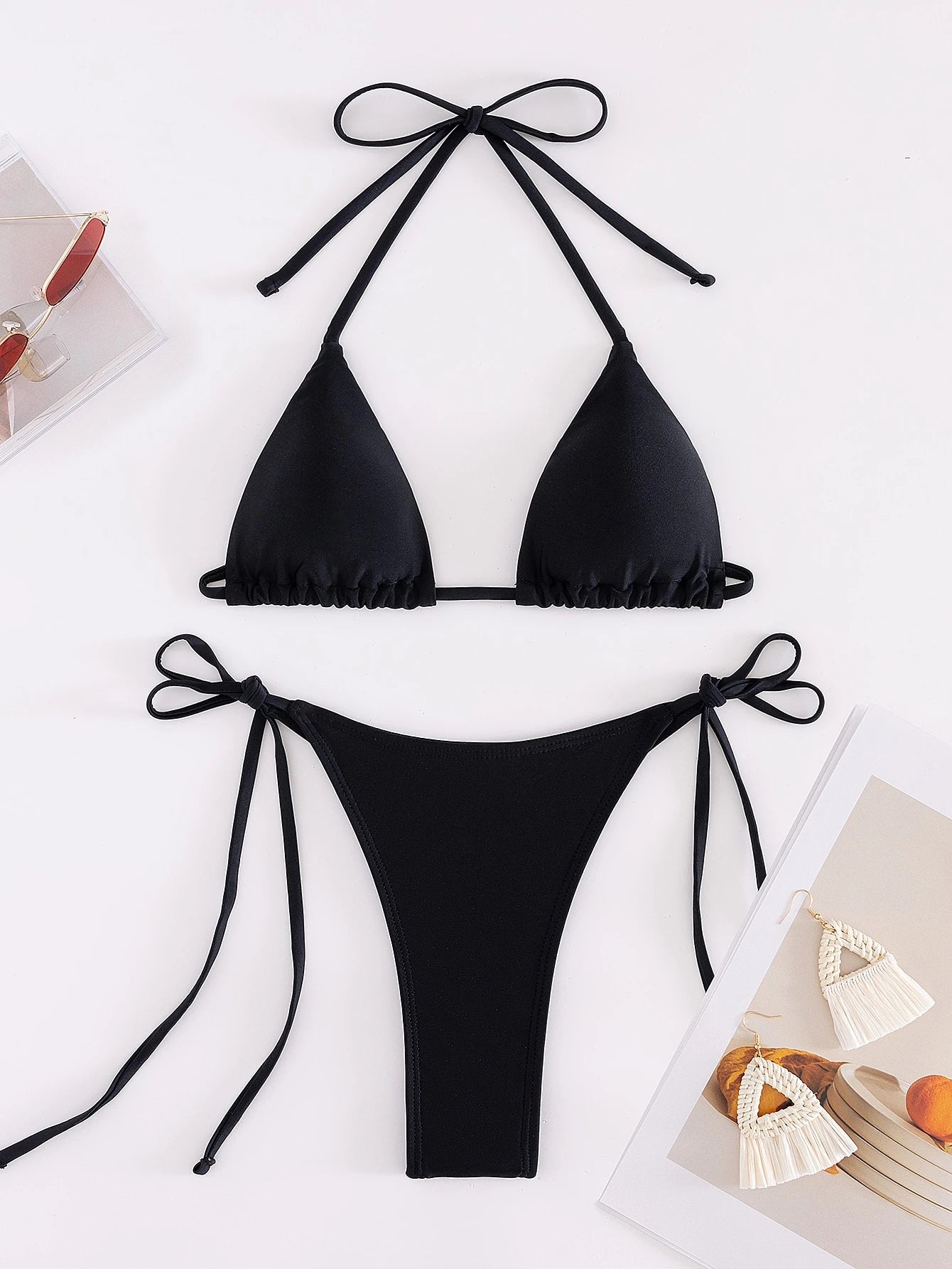 Plain Color Sexy Bikini Swimwear, Beach Holiday Swimwear, Summer Vacation Elegant Black
