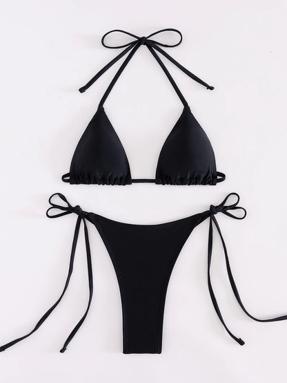 Plain Color Sexy Bikini Swimwear, Beach Holiday Swimwear, Summer Vacation Elegant Black