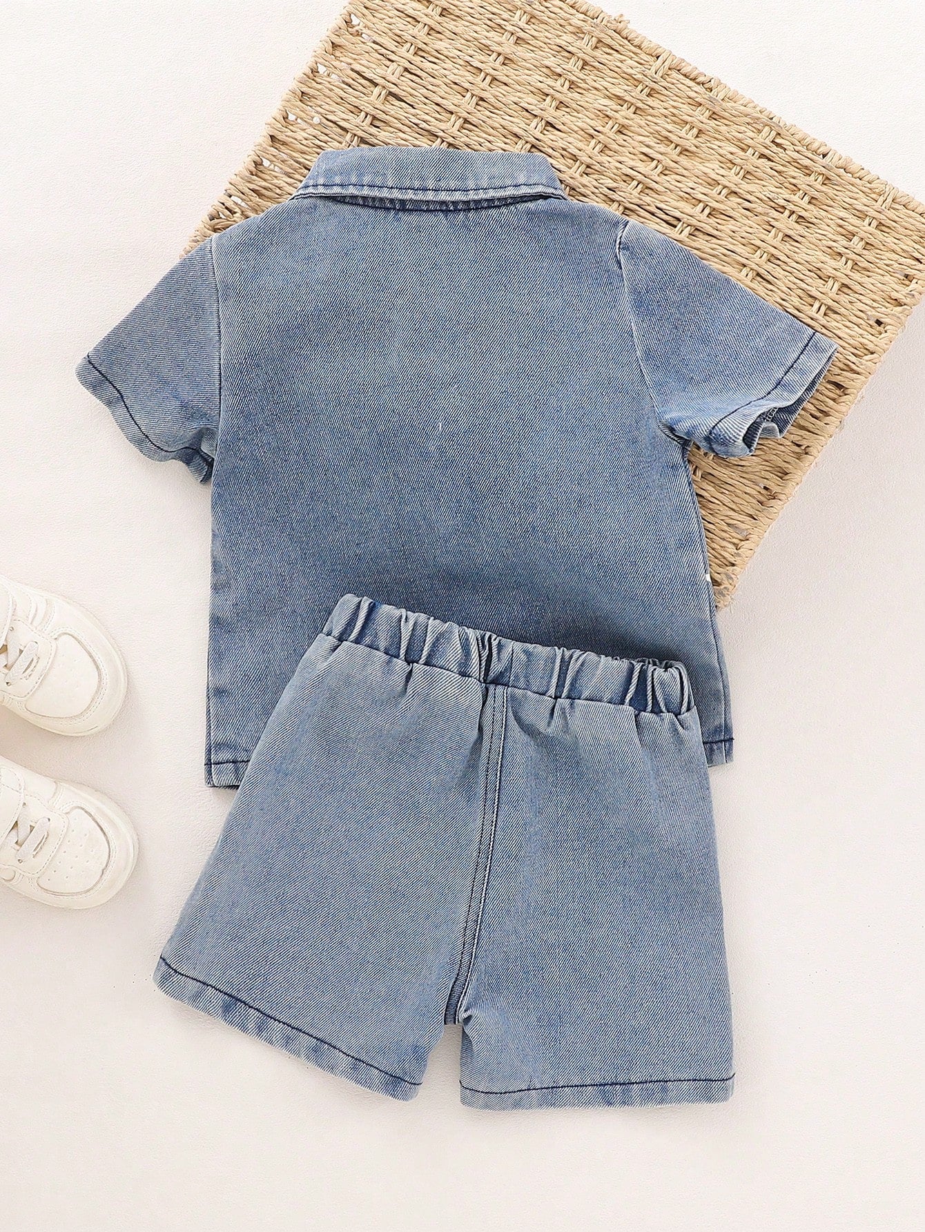 Playful Pals 2pcs/Set Baby Boy Collared Buttoned Star & Letter Print Short Sleeve Shirt + Elastic Waist Denim Shorts Casual Comfortable Soft Vintage Summer
