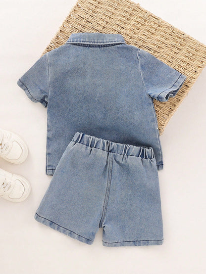 Playful Pals 2pcs/Set Baby Boy Collared Buttoned Star & Letter Print Short Sleeve Shirt + Elastic Waist Denim Shorts Casual Comfortable Soft Vintage Summer