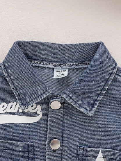 Playful Pals 2pcs/Set Baby Boy Collared Buttoned Star & Letter Print Short Sleeve Shirt + Elastic Waist Denim Shorts Casual Comfortable Soft Vintage Summer