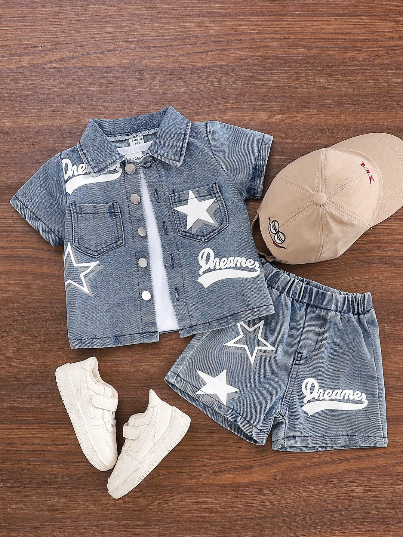 Playful Pals 2pcs/Set Baby Boy Collared Buttoned Star & Letter Print Short Sleeve Shirt + Elastic Waist Denim Shorts Casual Comfortable Soft Vintage Summer