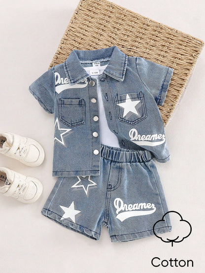 Playful Pals 2pcs/Set Baby Boy Collared Buttoned Star & Letter Print Short Sleeve Shirt + Elastic Waist Denim Shorts Casual Comfortable Soft Vintage Summer