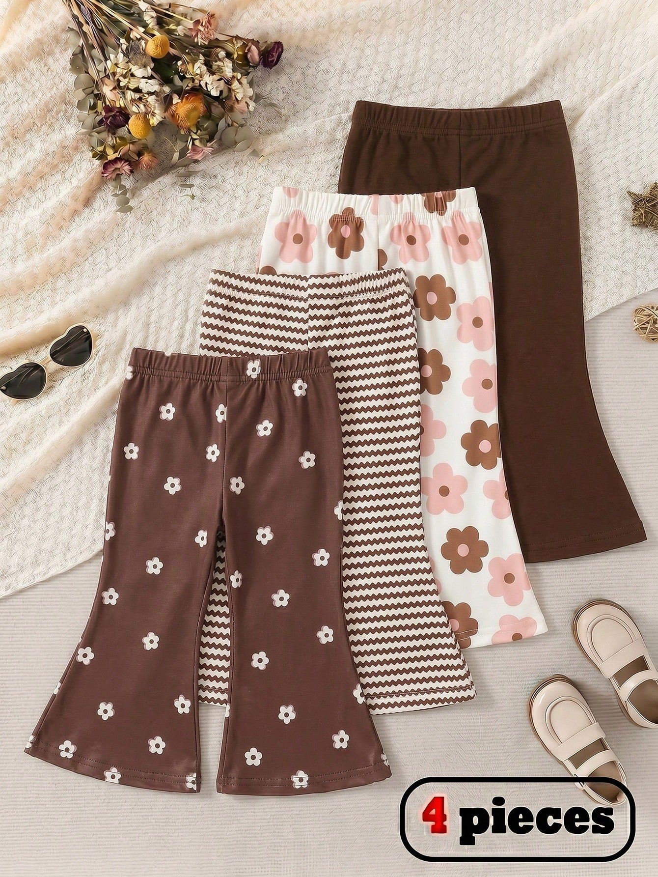 Playful Pals 4pcs Baby Girls' Brown Floral,Autumn,Cute,Graduation,Back-To-School Flare Pants Set,Soft Striped Solid Color Comfortable Versatile Spring Summer Play
