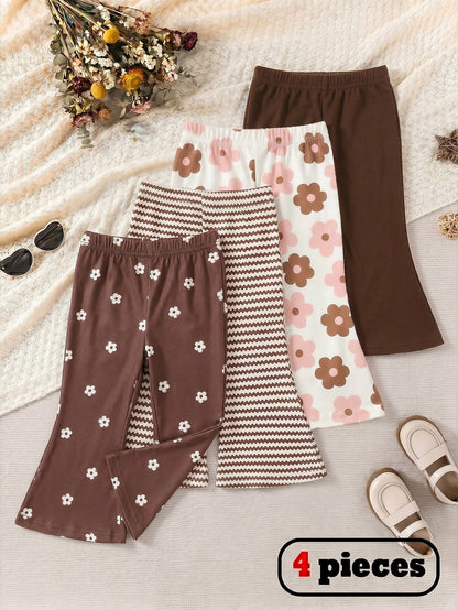 Playful Pals 4pcs Baby Girls' Brown Floral,Autumn,Cute,Graduation,Back-To-School Flare Pants Set,Soft Striped Solid Color Comfortable Versatile Spring Summer Play