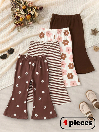 Playful Pals 4pcs Baby Girls' Brown Floral,Autumn,Cute,Graduation,Back-To-School Flare Pants Set,Soft Striped Solid Color Comfortable Versatile Spring Summer Play