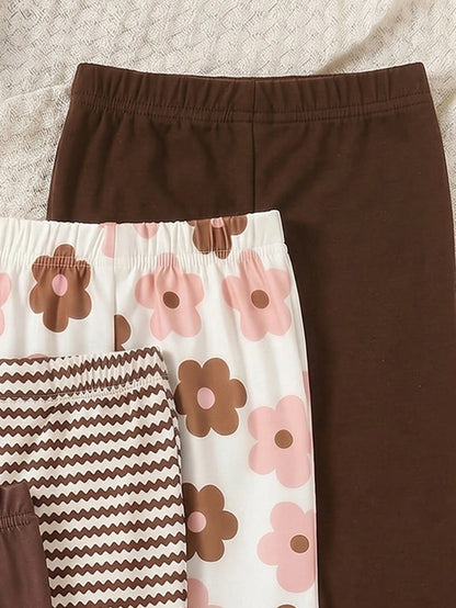 Playful Pals 4pcs Baby Girls' Brown Floral,Autumn,Cute,Graduation,Back-To-School Flare Pants Set,Soft Striped Solid Color Comfortable Versatile Spring Summer Play