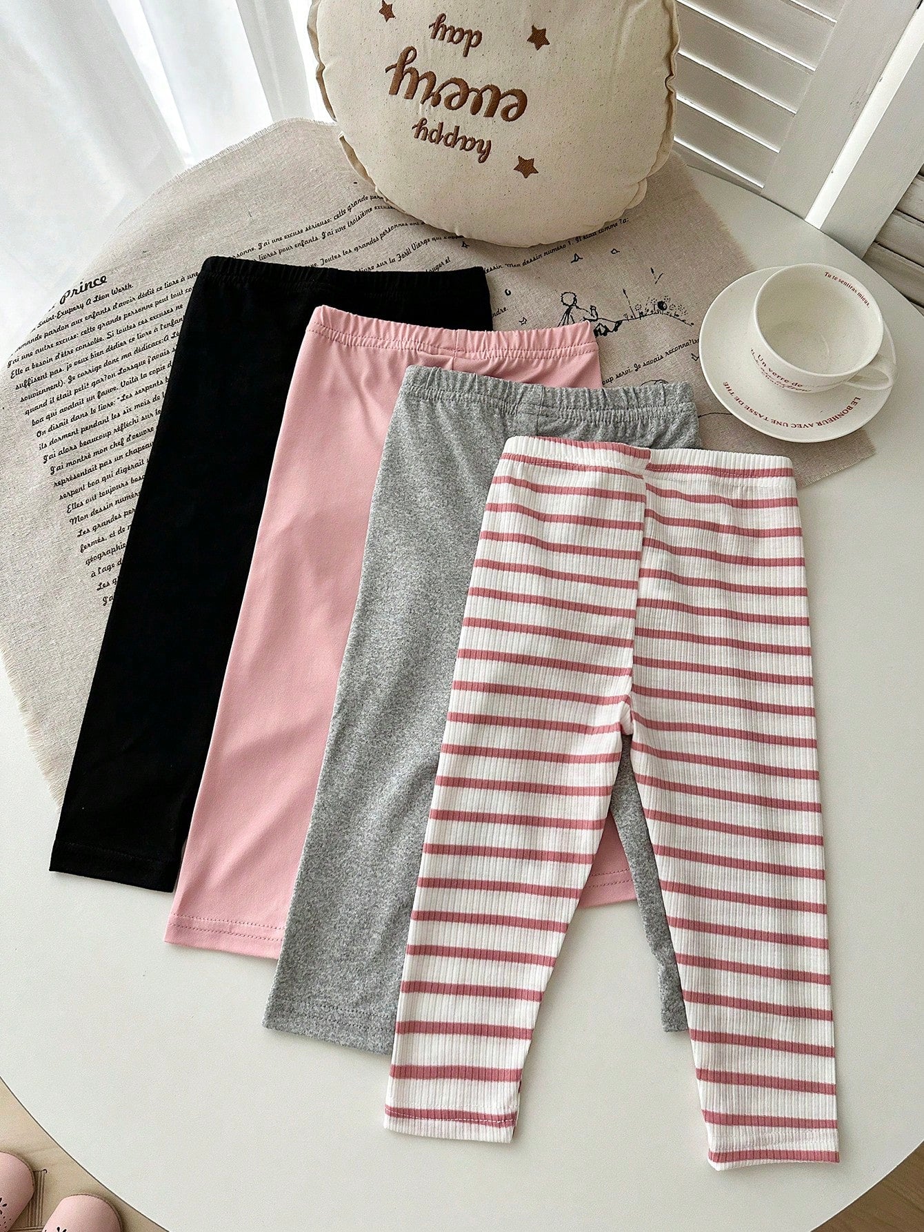 Playful Pals 4pcs/Set Baby Girl Newborn Soft Ribbed Leggings Pink And White Striped Solid Pink Gray Black Skin-Friendly Pants Autumn Casual Holiday Trousers