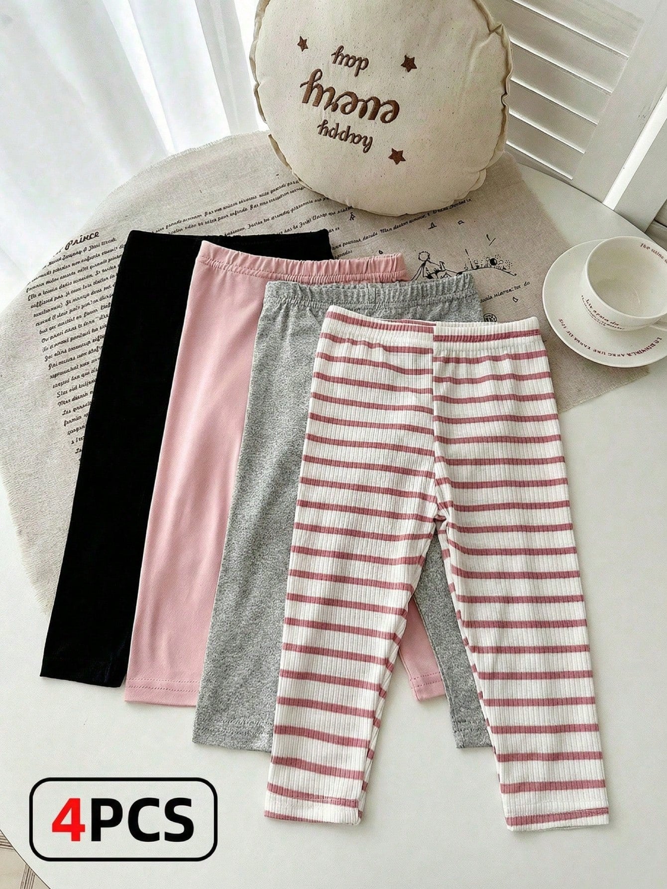 Playful Pals 4pcs/Set Baby Girl Newborn Soft Ribbed Leggings Pink And White Striped Solid Pink Gray Black Skin-Friendly Pants Autumn Casual Holiday Trousers