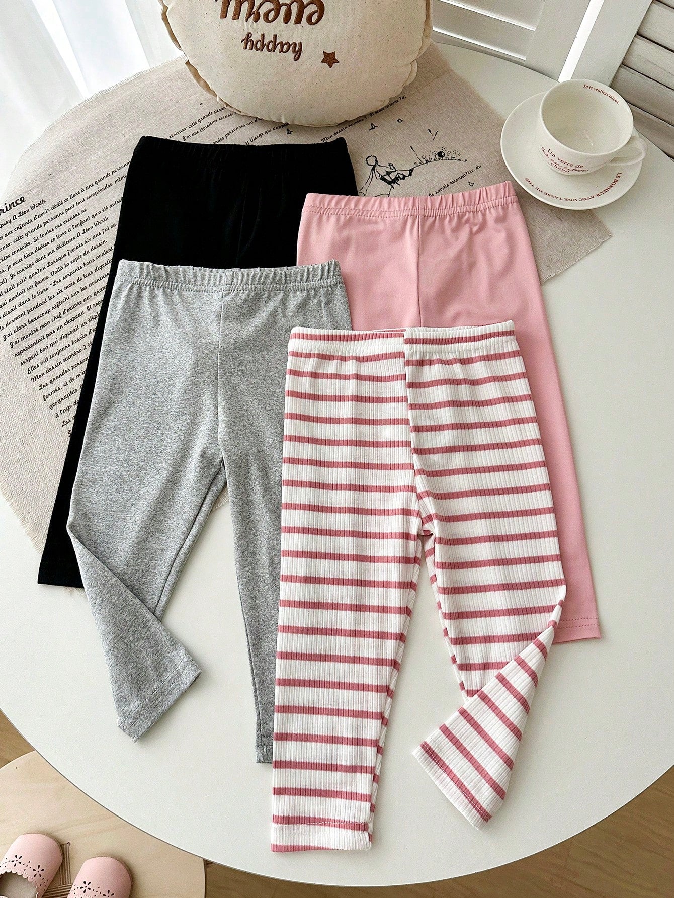 Playful Pals 4pcs/Set Baby Girl Newborn Soft Ribbed Leggings Pink And White Striped Solid Pink Gray Black Skin-Friendly Pants Autumn Casual Holiday Trousers