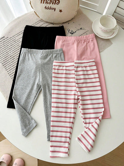 Playful Pals 4pcs/Set Baby Girl Newborn Soft Ribbed Leggings Pink And White Striped Solid Pink Gray Black Skin-Friendly Pants Autumn Casual Holiday Trousers