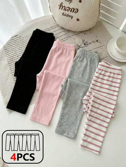 Playful Pals 4pcs/Set Baby Girl Newborn Soft Ribbed Leggings Pink And White Striped Solid Pink Gray Black Skin-Friendly Pants Autumn Casual Holiday Trousers