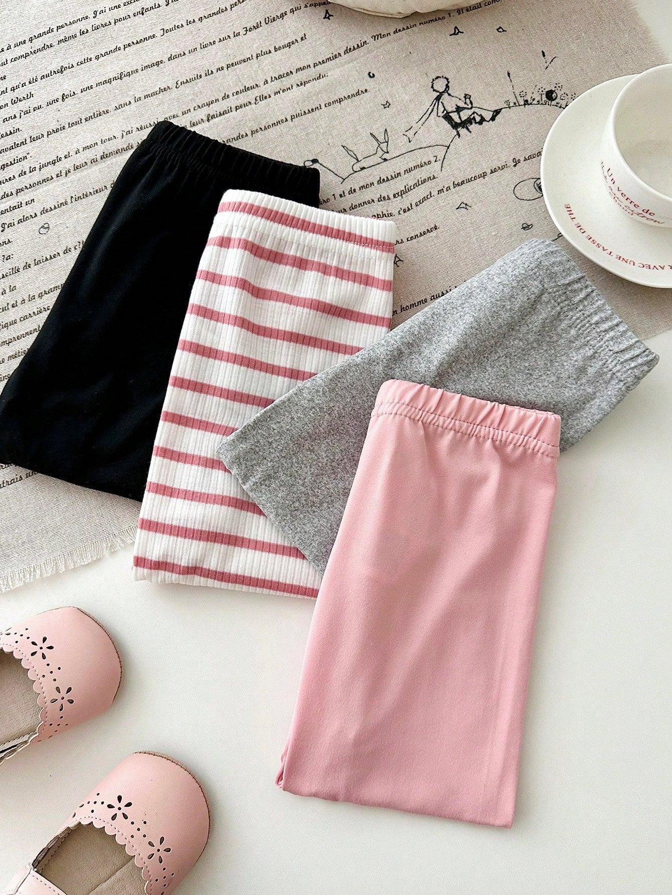 Playful Pals 4pcs/Set Baby Girl Newborn Soft Ribbed Leggings Pink And White Striped Solid Pink Gray Black Skin-Friendly Pants Autumn Casual Holiday Trousers