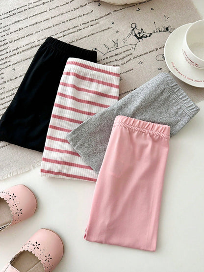 Playful Pals 4pcs/Set Baby Girl Newborn Soft Ribbed Leggings Pink And White Striped Solid Pink Gray Black Skin-Friendly Pants Autumn Casual Holiday Trousers