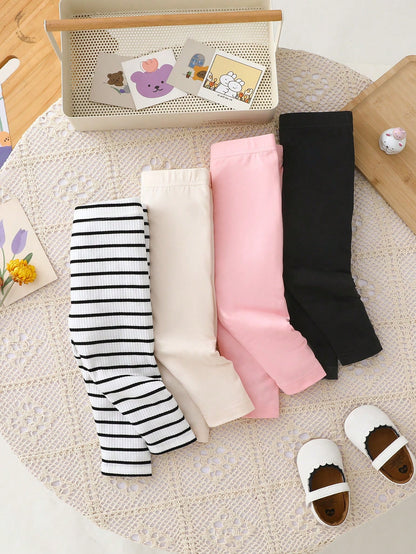 Playful Pals 4pcs/Set Baby Girl Newborn Soft Ribbed Leggings Pink And White Striped Solid Pink Gray Black Skin-Friendly Pants Autumn Casual Holiday Trousers