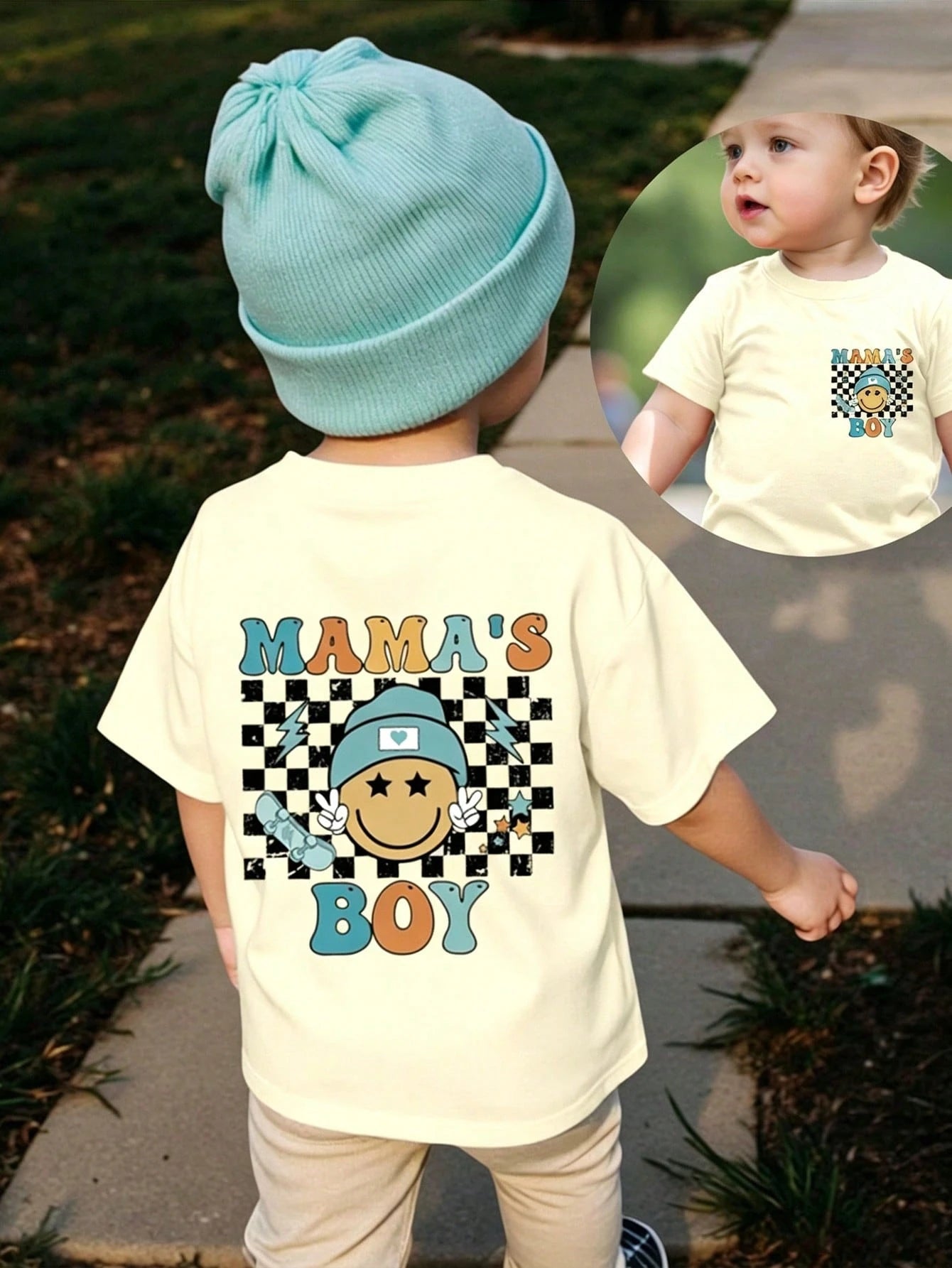 Playful Pals Baby Boy Casual Cute Checkered Face "MAMA'S BOY" Letter Print Short Sleeve Round Neck T-Shirt, Summer