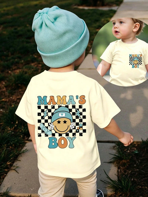 Playful Pals Baby Boy Casual Cute Checkered Face "MAMA'S BOY" Letter Print Short Sleeve Round Neck T-Shirt, Summer