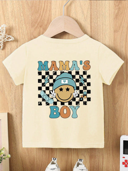 Playful Pals Baby Boy Casual Cute Checkered Face "MAMA'S BOY" Letter Print Short Sleeve Round Neck T-Shirt, Summer