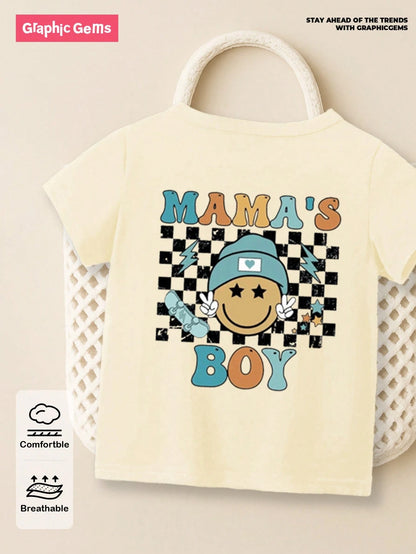 Playful Pals Baby Boy Casual Cute Checkered Face "MAMA'S BOY" Letter Print Short Sleeve Round Neck T-Shirt, Summer