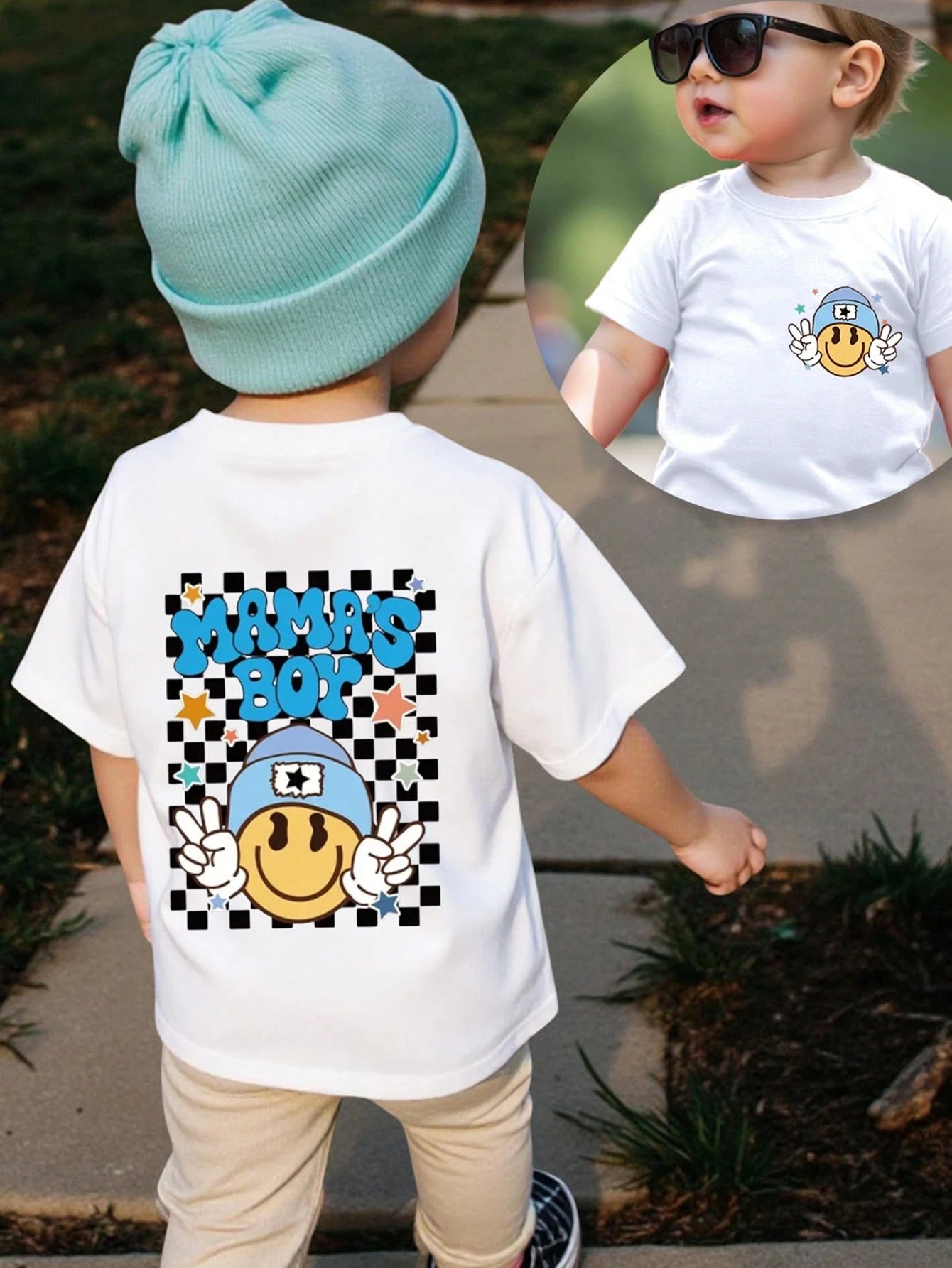 Playful Pals Baby Boy Casual Cute Checkered Face "MAMA'S BOY" Letter Print Short Sleeve Round Neck T-Shirt, Summer