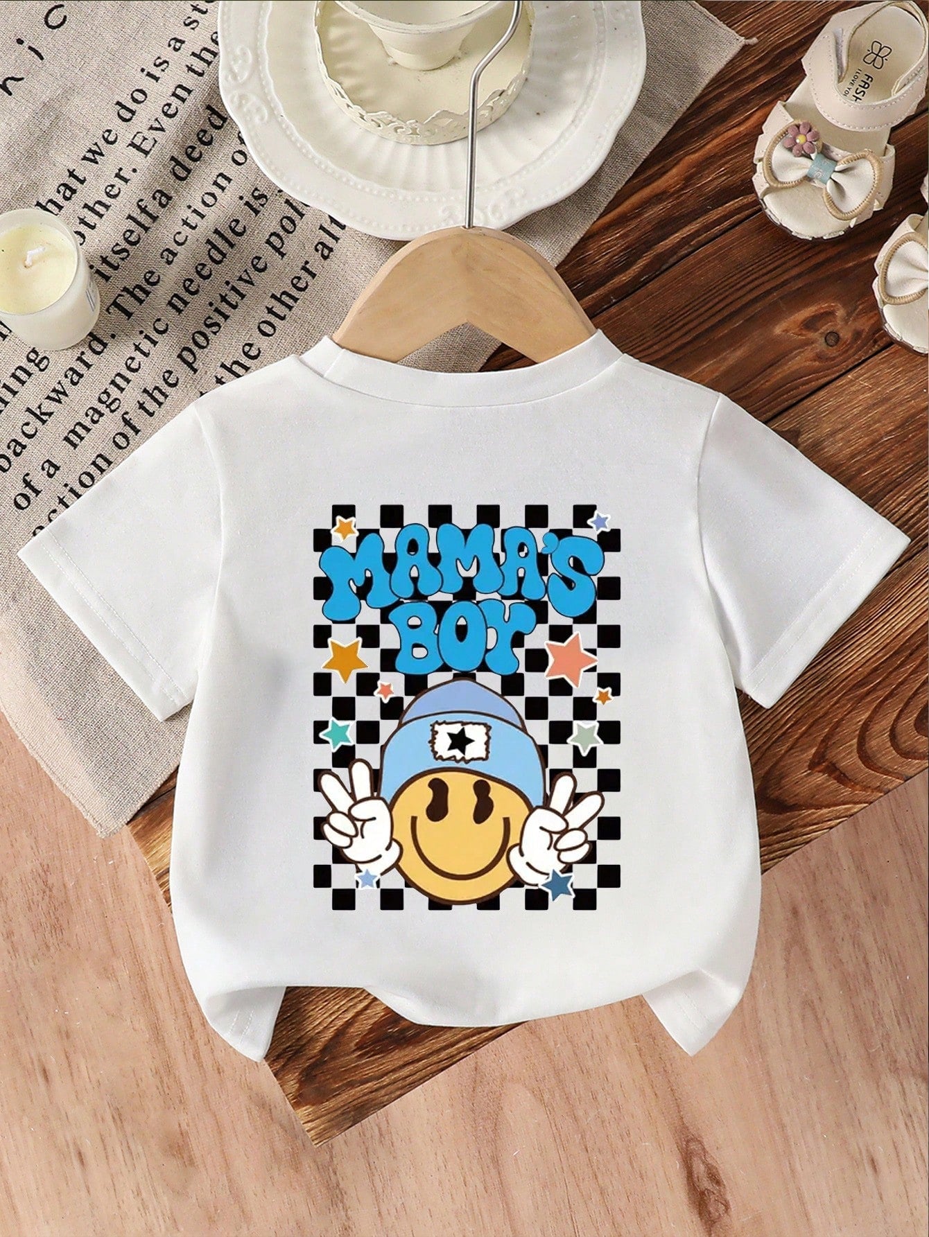 Playful Pals Baby Boy Casual Cute Checkered Face "MAMA'S BOY" Letter Print Short Sleeve Round Neck T-Shirt, Summer