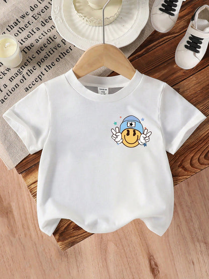 Playful Pals Baby Boy Casual Cute Checkered Face "MAMA'S BOY" Letter Print Short Sleeve Round Neck T-Shirt, Summer