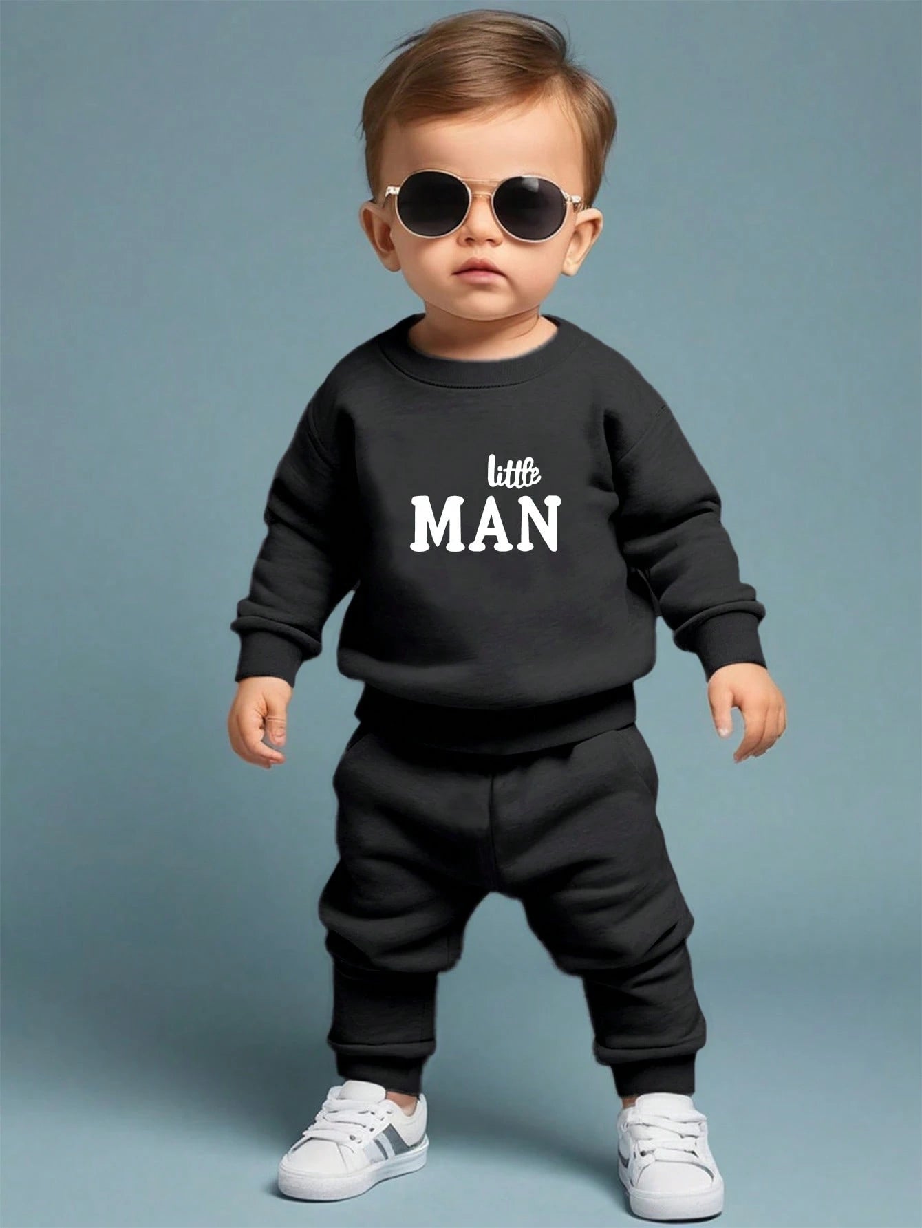 Playful Pals Baby Boys "Little Man" Stylish Comfortable Casual Athletic Round Neck Sweatshirt Set Holiday White Navy Blue Autumn