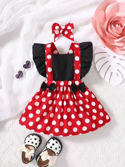 Playful Pals Baby Girl Polka Dot Ruffle Trim Bow Front Overall Dress