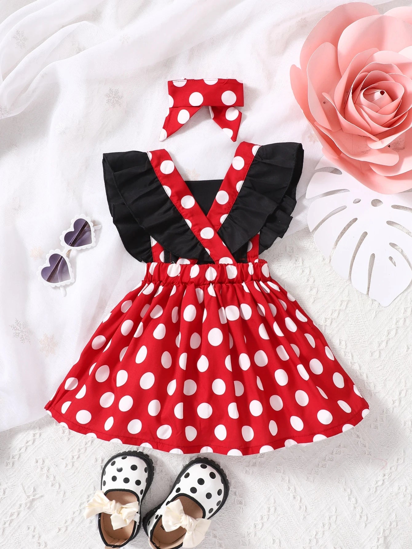 Playful Pals Baby Girl Polka Dot Ruffle Trim Bow Front Overall Dress
