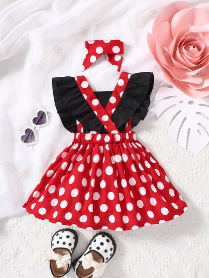 Playful Pals Baby Girl Polka Dot Ruffle Trim Bow Front Overall Dress