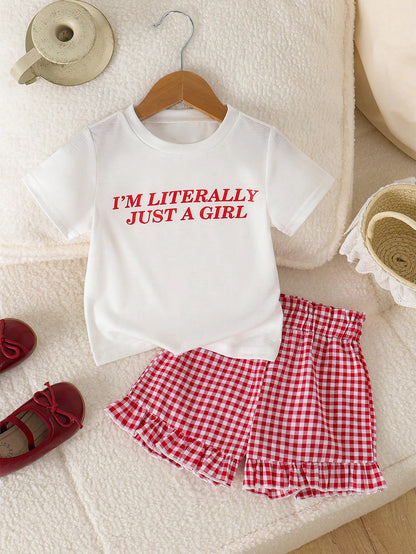 Playful Pals Baby Girls' Casual Cute Letter Print Plaid Short Sleeve Top And Shorts Set, Summer