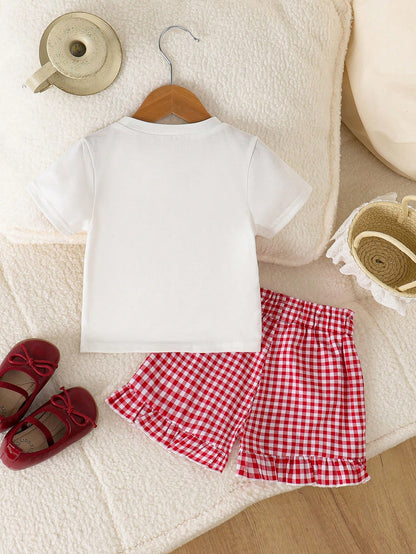 Playful Pals Baby Girls' Casual Cute Letter Print Plaid Short Sleeve Top And Shorts Set, Summer