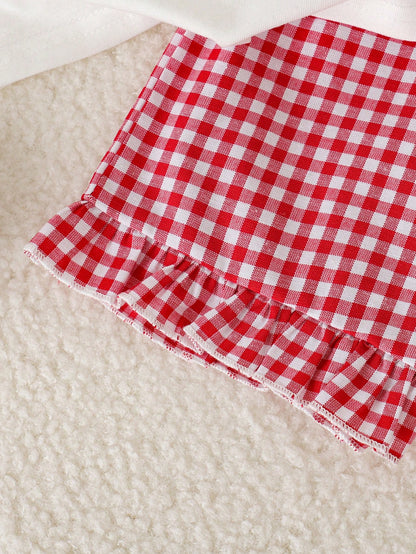 Playful Pals Baby Girls' Casual Cute Letter Print Plaid Short Sleeve Top And Shorts Set, Summer