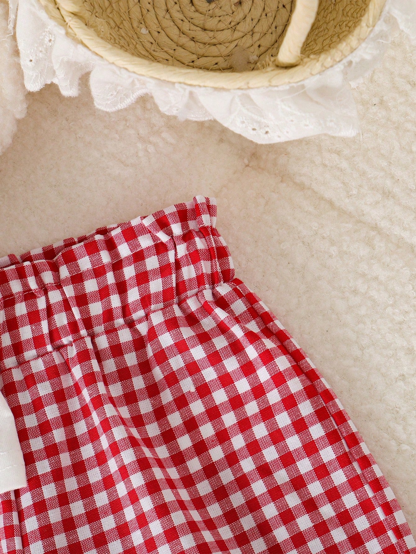 Playful Pals Baby Girls' Casual Cute Letter Print Plaid Short Sleeve Top And Shorts Set, Summer