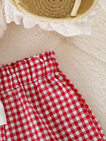 Playful Pals Baby Girls' Casual Cute Letter Print Plaid Short Sleeve Top And Shorts Set, Summer