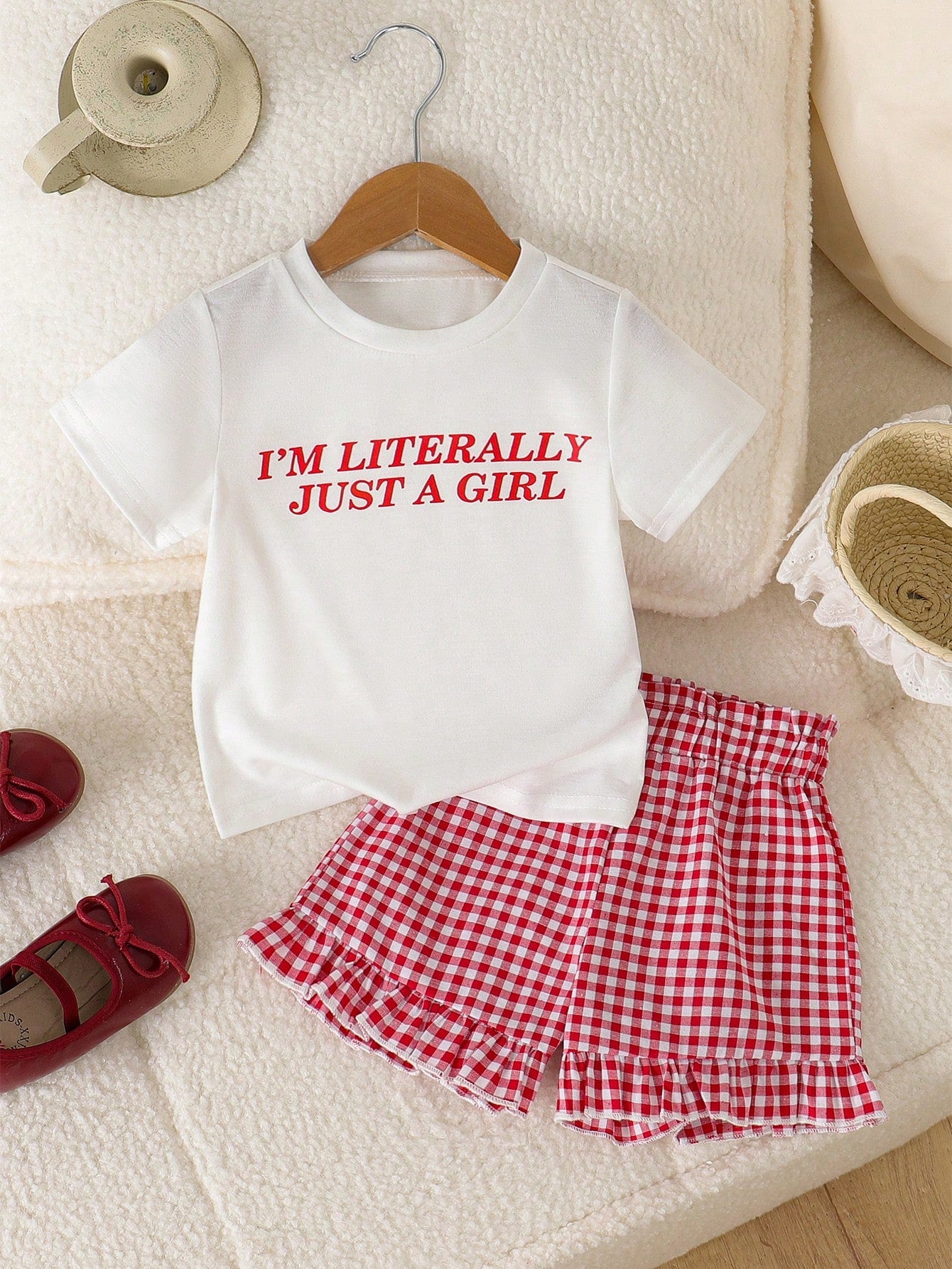 Playful Pals Baby Girls' Casual Cute Letter Print Plaid Short Sleeve Top And Shorts Set, Summer