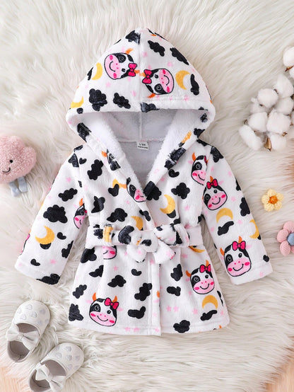 Playful Pals Newborn Baby Cow Print Hooded Coral Fleece Bathrobe, Unisex Infant Cute All-Over Print Tie Waist Plush Absorbent Home Sleepwear