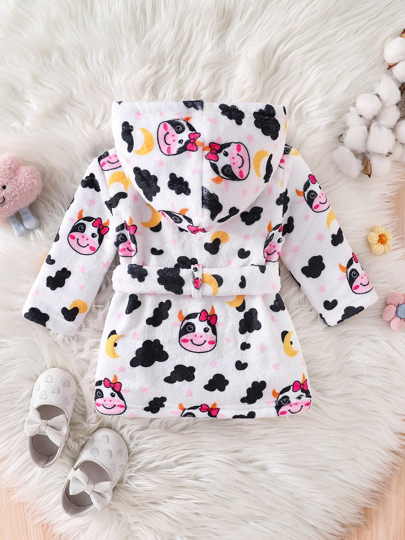 Playful Pals Newborn Baby Cow Print Hooded Coral Fleece Bathrobe, Unisex Infant Cute All-Over Print Tie Waist Plush Absorbent Home Sleepwear